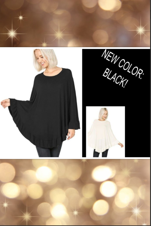 SMALL TO 3X!!! Ruffle Hem Pull Over Soft Poncho Sweater Shawl - Black