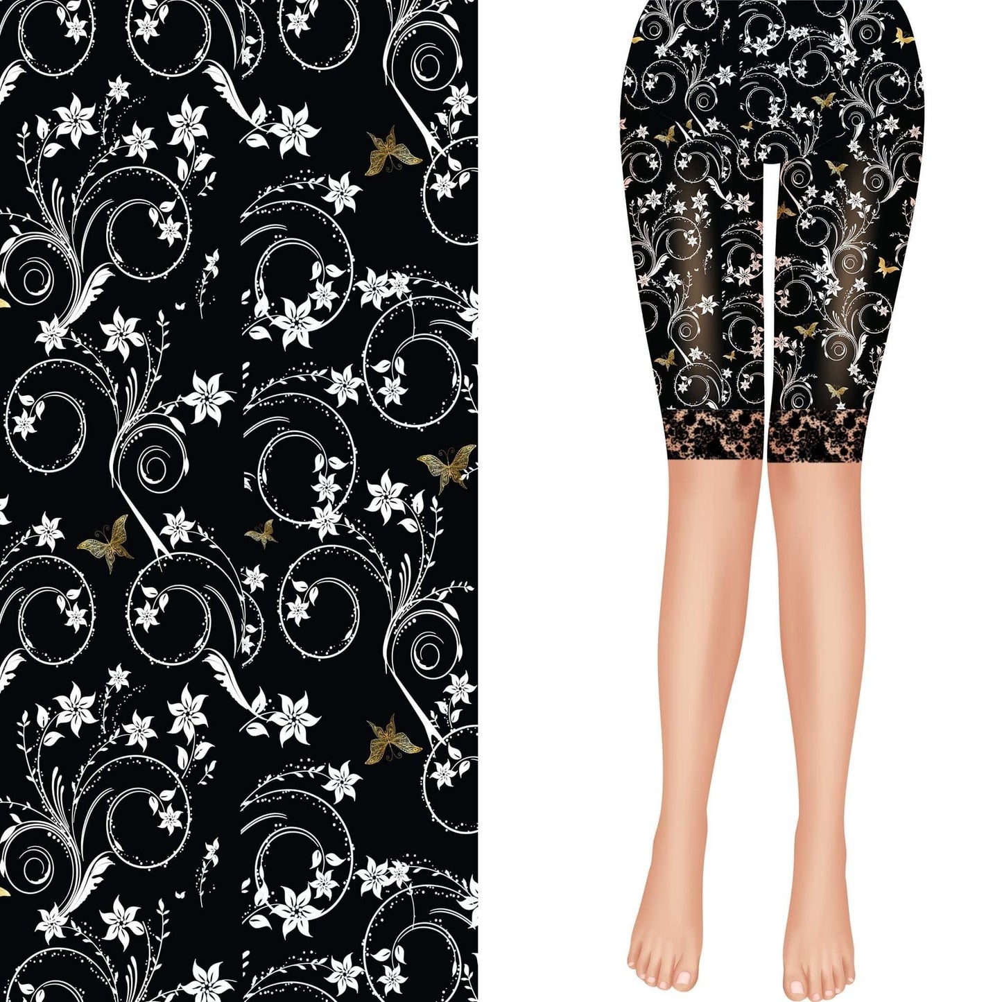 Designer Black with White Floral Design Soft and Stretchy Yoga Band Biker Shorts