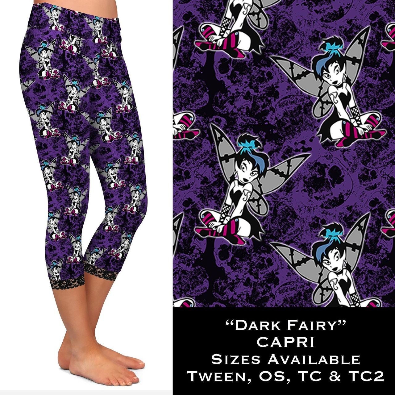 Lace Hem! Purple/Black Goth Tinker Bell CAPRI. Yoga Band, Very Soft and Stretchy!