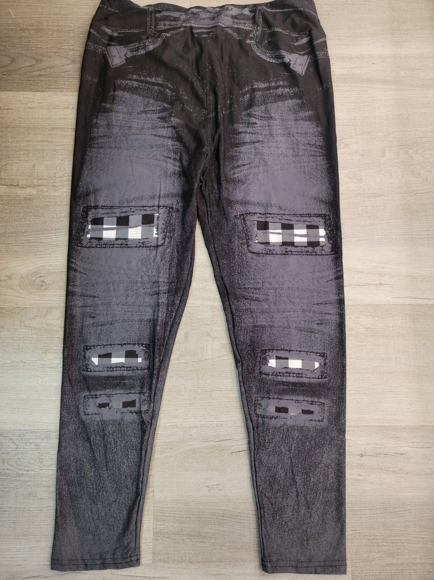 Peek a Boo Plaid, Black Denim Jeggings. Yoga Band. Extra Soft and stretchy!
