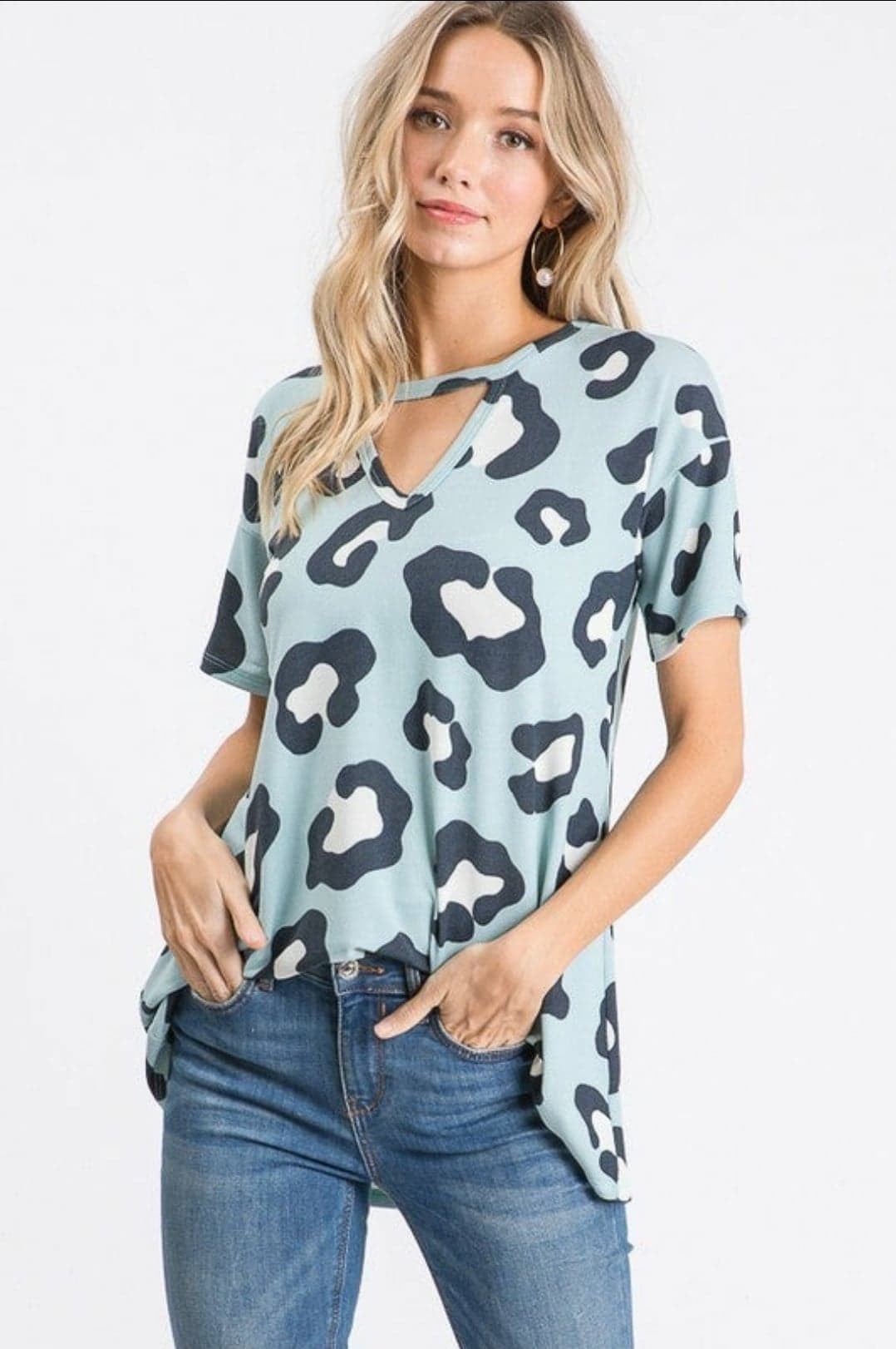 Leopard Print Keyhole Neck, Light Sweater, Made in the USA Runs Large!