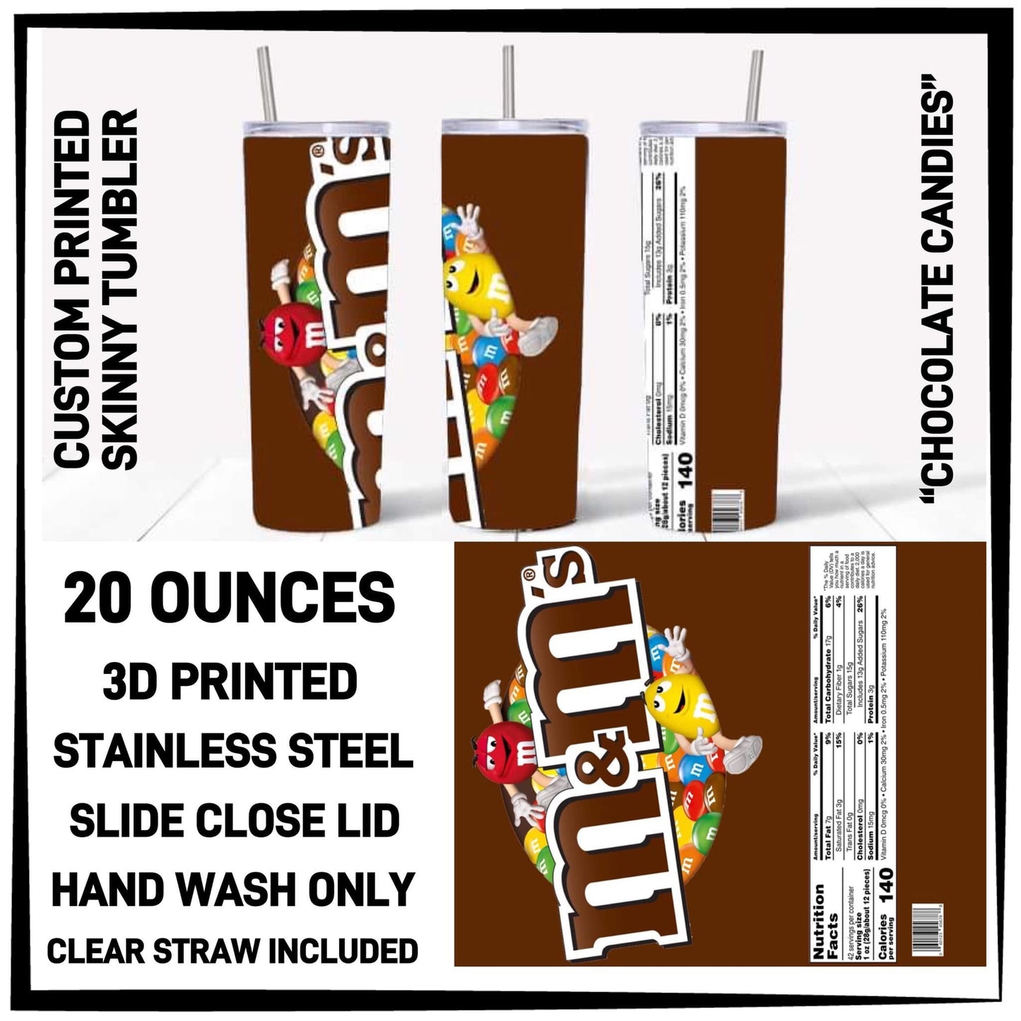 Variety of Custom Tumblers, Stainless Steal 20 oz. Clear Slide Close Lid, Clear Straw for Optional Use.