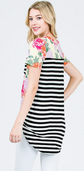 Soft Block Hi-Lo Tunic Top Floral/Stripe Block Design. Made in the USA. Runs Big.