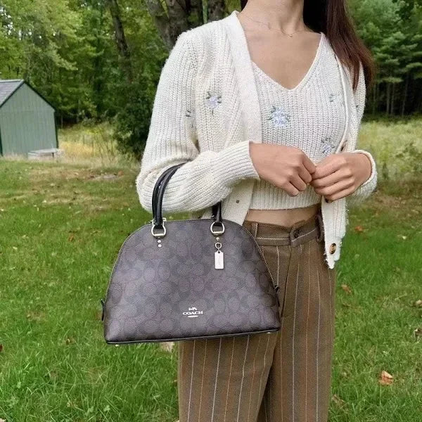 COACH KATY SATCHEL IN SIGNATURE CANVAS BROWN/BLACK, Dome Bag, Hold Hardware