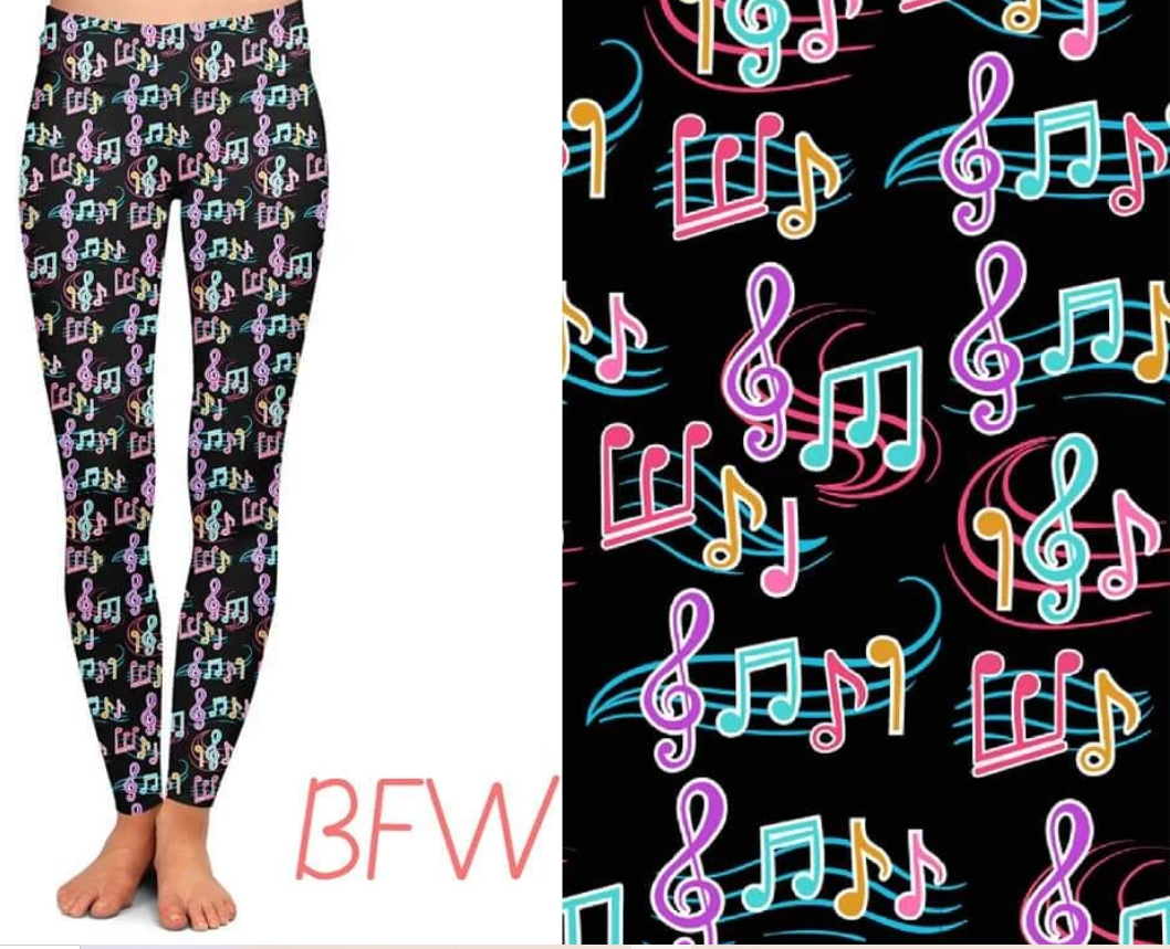 Colorful Music Notes. Designer Leggings. Hyper Stretch and softness! Yoga Band.
