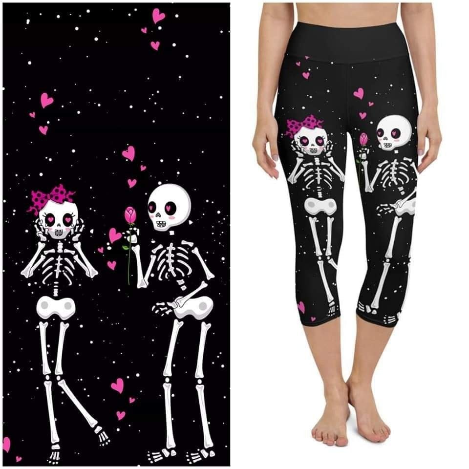 Adorable Skeleton Love Black Capri, Yoga Band, Goth/Halloween Skull Love Hearts