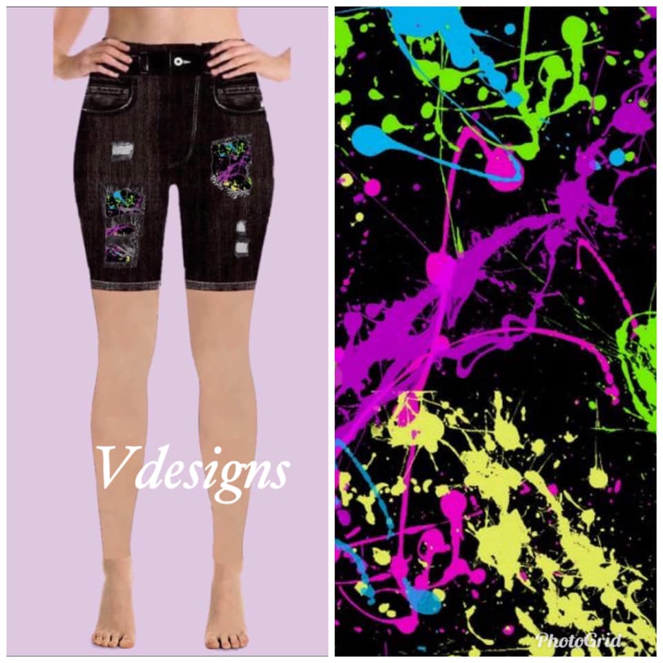 Black Denim Print Paint Splatter Peek-A-Boo Shorts, Extra Soft, Yoga Band
