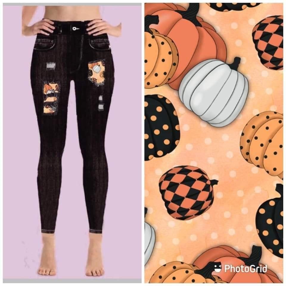 Black Denim Print Pumpkins Peek a Boo Stretchy & Comfy Jeggings