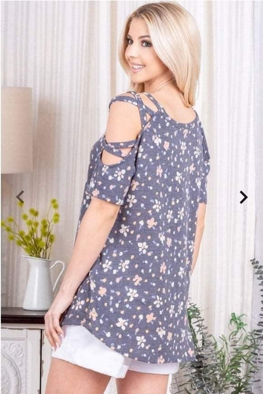 Soft and Comfortable Grey Floral Criss Cross Open Shoulder Top. Runs Big.
