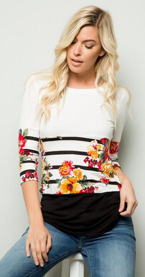Stripes & Floral Block Long Sleeve Top. Made in the USA S-XL