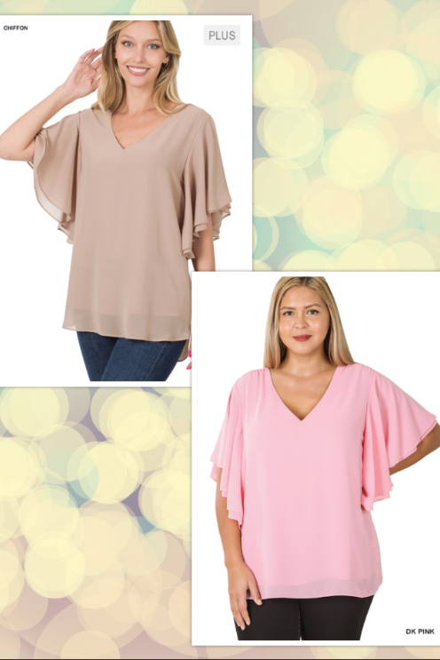 PLUS ONLY Beautiful Chiffon sheer Ruffled Sleeve Top, LAST 2X PNK