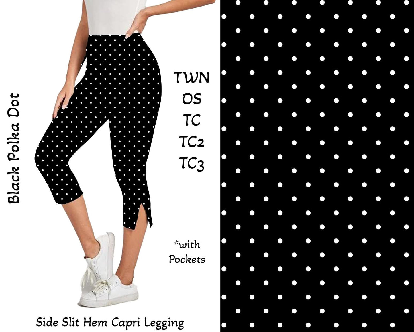 Black Polka Dot Side Slit Hem Capri w/ Pockets