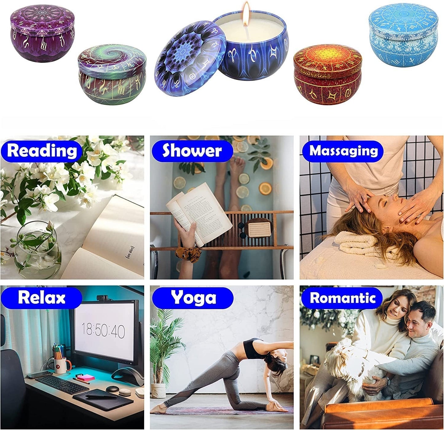 4 Small (2.5 oz) Mystery Scented Constallation Candles in Adorable reuasable Containers
