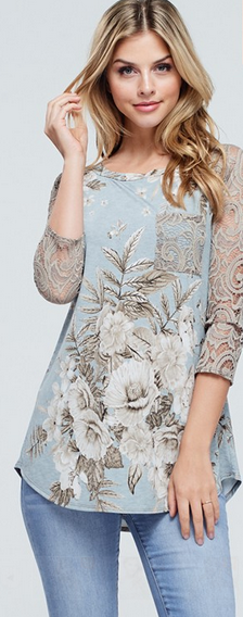 Titanium with Taupe Floral and Lace 3/4 Sleeve and front pocket. Made in the USA.