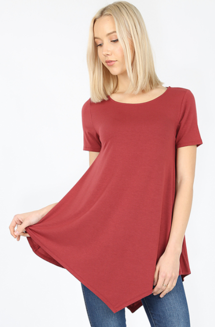 Premium Soft & Stretchy Fabric Boat Neck Solid Triangle Shark Bite Hem Top.