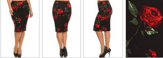 PLUS Stretchy Sexy Black Pencil Skirt with Red Roses