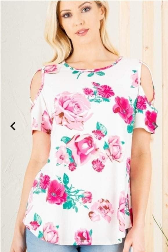 Extremely Comfortable, Soft and Stretchy Ivory Floral Cold Shoulder Top