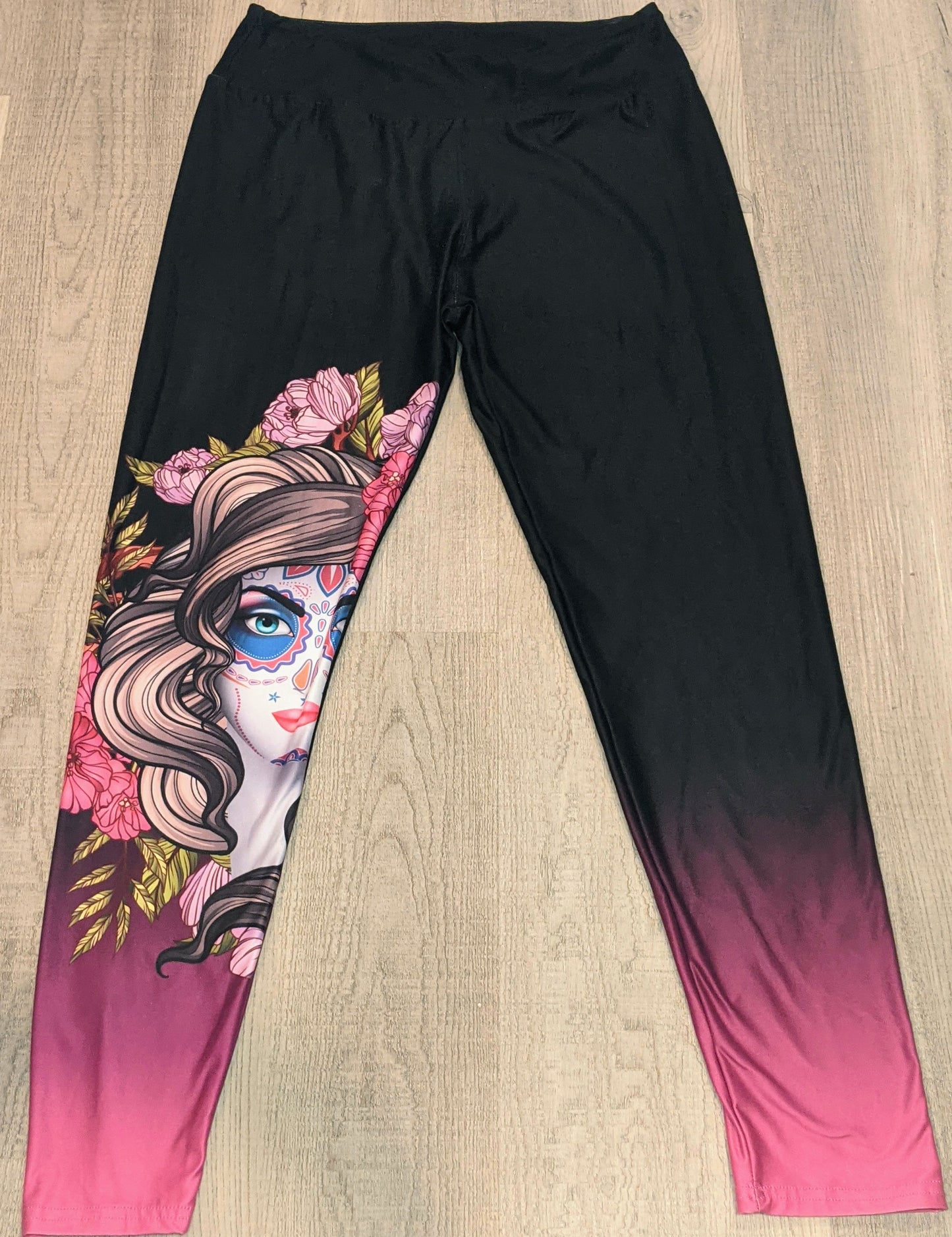 Asymmetrical Sugar Skull Black & Pink Gradient Background Leggings, Extra Soft, Yoga Band