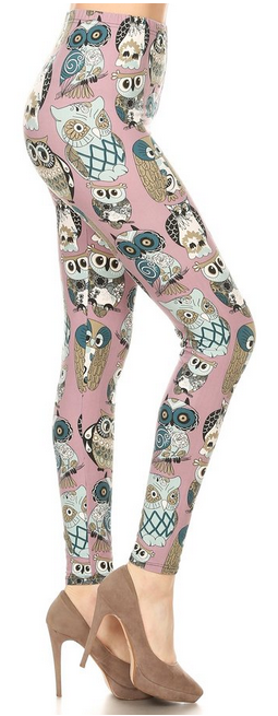 Teal/Mauve Owl, Elastic Band Soft Leggings