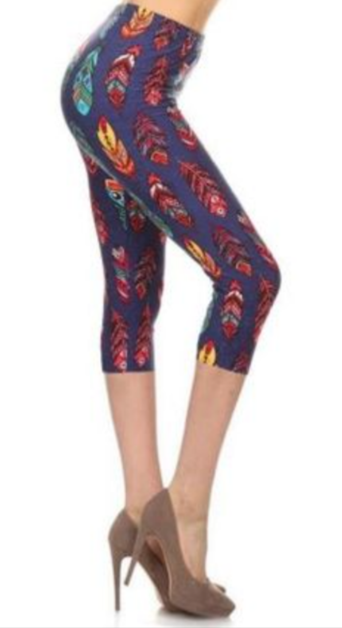 Feathers Blue Background Capri, Extremely Soft, Elastic Band