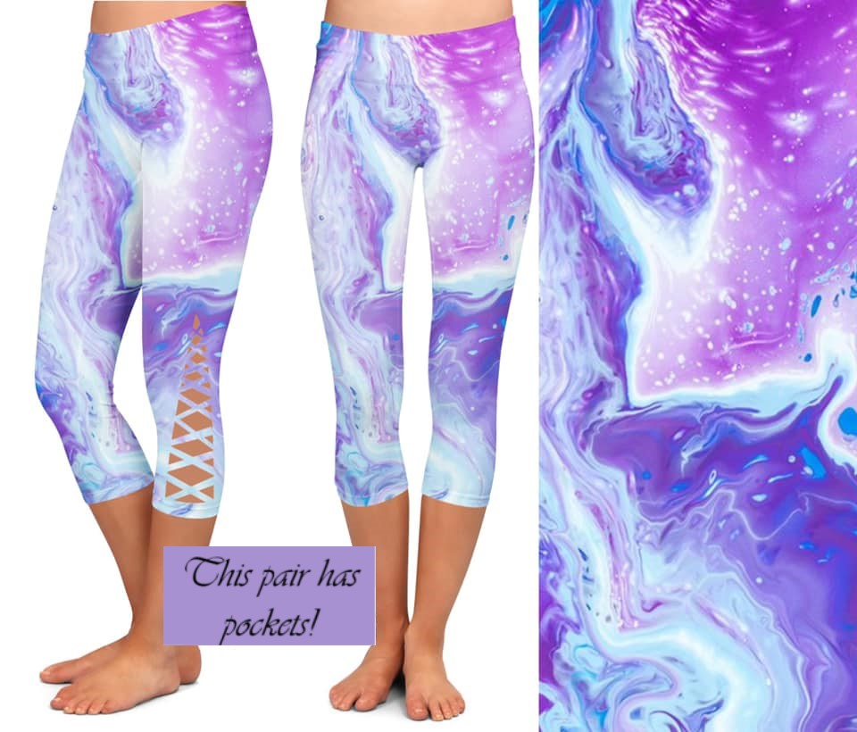 Purple Marble CRISS CROSS CAPRI with Pockets. High Waist, Yoga Band, Very Soft and Stretchy!