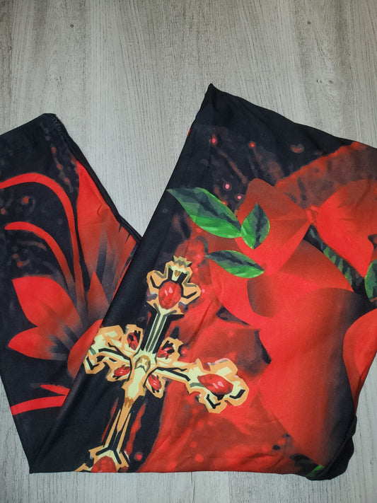 Red & Black Roses and Cross CAPRI. High Waist, Yoga Band, Very Soft and Stretchy!