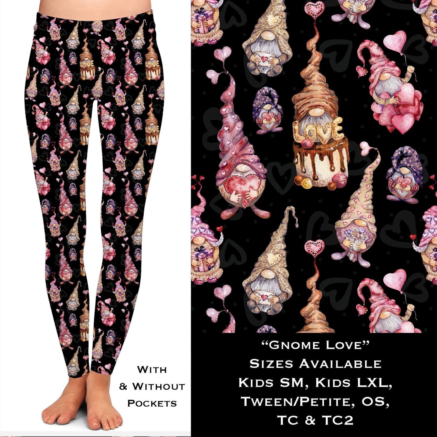 Gnome Love You Leggings with Pockets. Hyper Stretch and softness! Yoga Band.