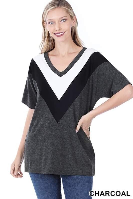 Chevron Color Block V Neck Super Soft Top