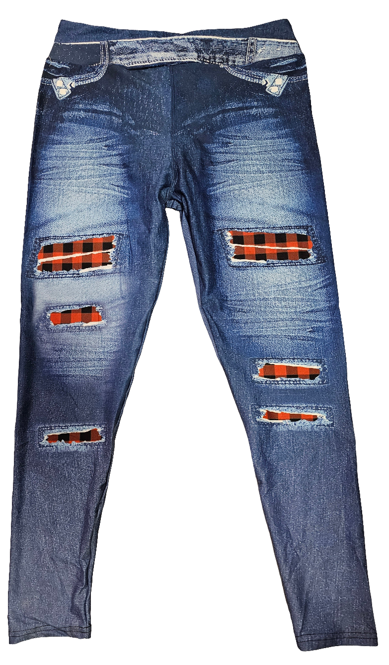 Blue Denim Plaid Leggings. Yoga Band, High Waist, Extra Soft and Stretchy!