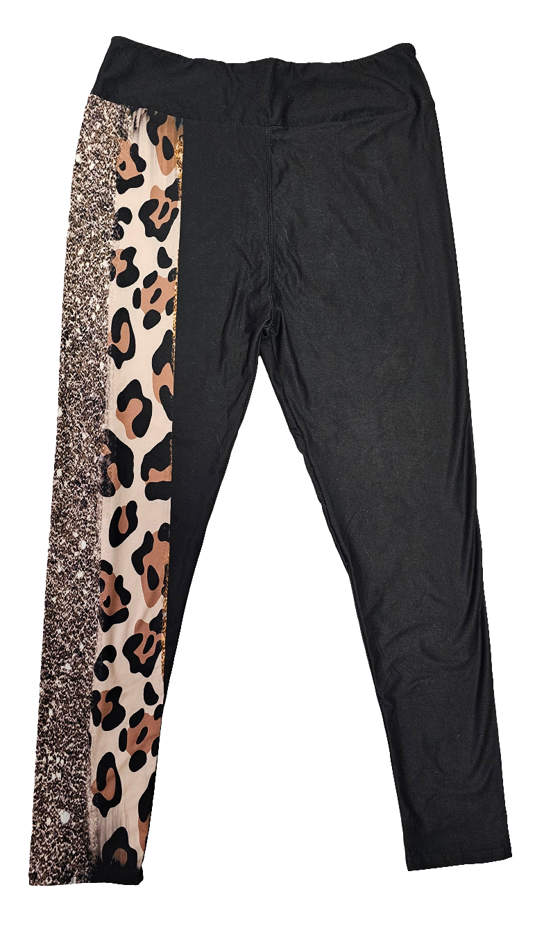 Black Leopard and Sparkly Gold, Asymmetrical Print Leggings. Yoga Band, High Waist, Extra Soft and Stretchy!