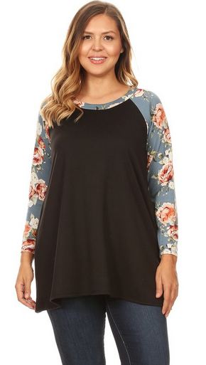 Light Sweater Raglan Black with Titanium Floral Sleeves Only Sm/MD Left, runs big