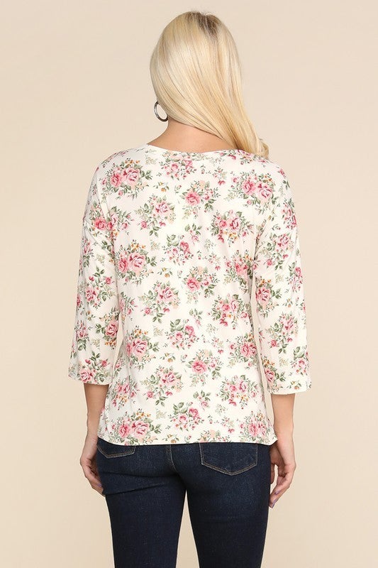 PLUS Floral, Self Knotted Belt Style Waist Straps, 3/4 Sleeve Stretchy Top