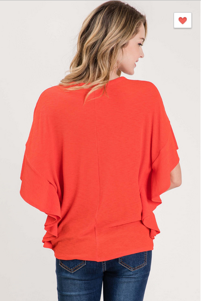 Ruffle Sleeve Very Stretchy, Bright Scarlet Red Color with hint of Orange (you can size up) GREAT FOR FALL