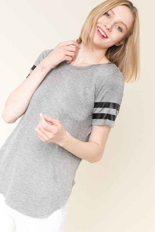 Soft Grey Long Tunic Top with black striped Sleeves. Round Hemline.