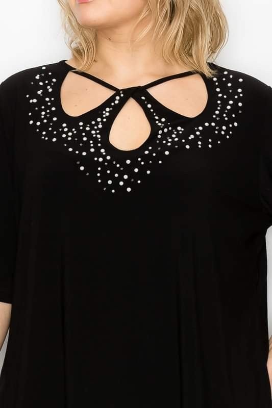 ONLY 3X Left! Beautiful Gem & Pearl Black Open Neck Top, Stretchy and Comfy