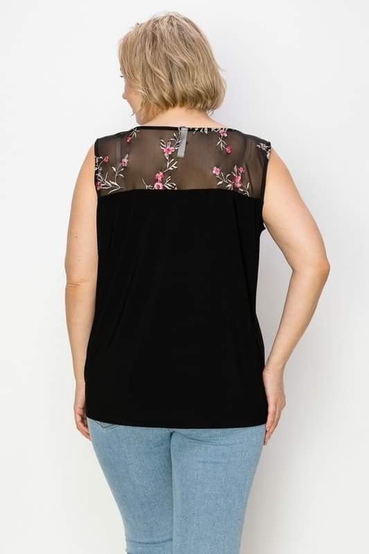 Gorgeous Floral Plus Size Embroidery Mesh Yoke Sleeveless Tank - Solid poly span knit fabric - Lightweight and stretchy - Round neckline
