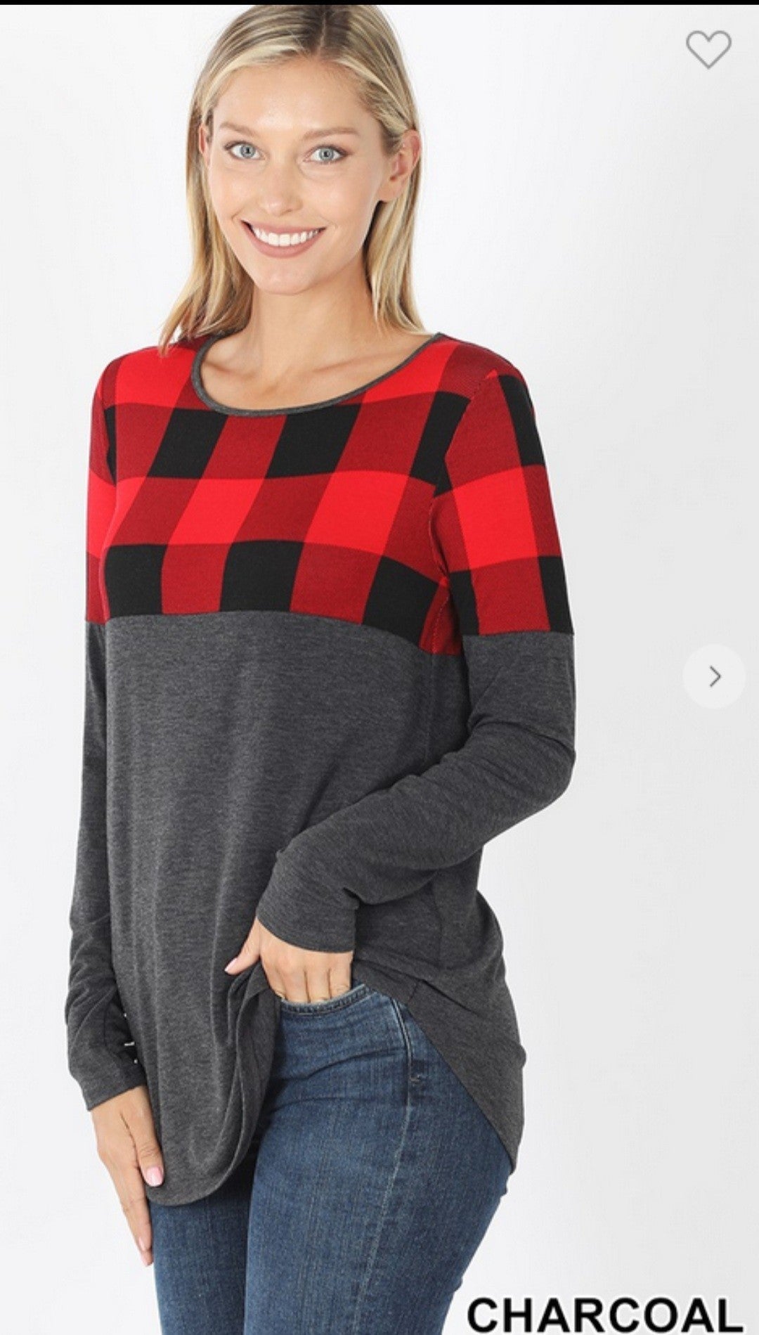 Plaid and Black Color Block, Long sleeve Top. Soft and Stretchy! Runs Big.