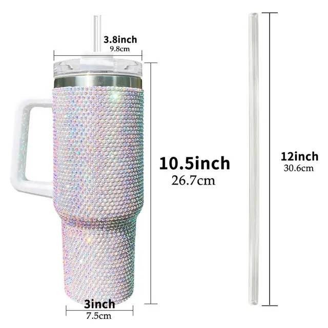 HUGE!!! Shiny Rhinestone 40 Oz Tumbler with Handle, Stainless Steel Insulated Travel Coffee Mug Double Wall Leak Resistant Vacuum Tumbler with Straw