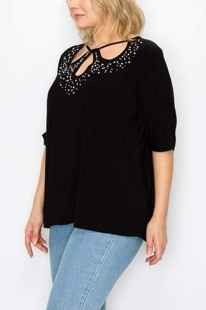 ONLY 3X Left! Beautiful Gem & Pearl Black Open Neck Top, Stretchy and Comfy