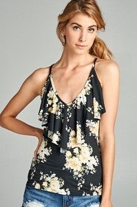 Very Soft and Stretchy Floral Ruffled V Neck & Criss Cross Back, Made in the USA, 2 color choices