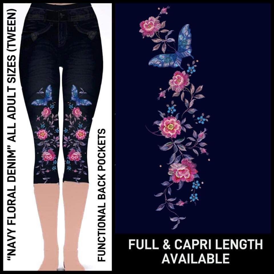 Decorative Floral Pocket, Blue Denim Jeggings Capri (lighter blue than the image - denim blue)