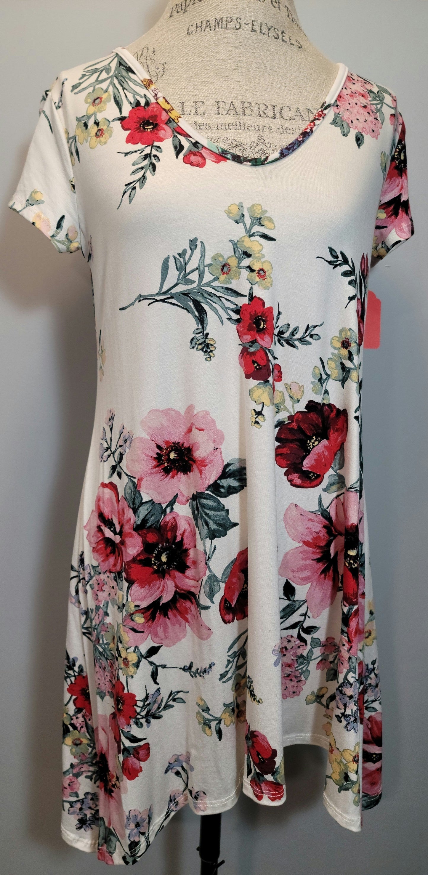 Floral Short Sleeve V Neck Tunic with Back Opening Made in USA