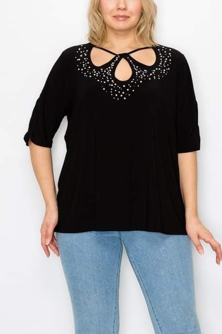 ONLY 3X Left! Beautiful Gem & Pearl Black Open Neck Top, Stretchy and Comfy