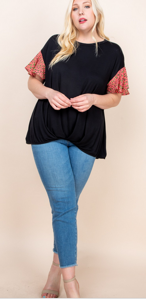 Jersey Gathered Inner Knotted Hem, Neon Leopard Print Chiffon Bell Sleeve top