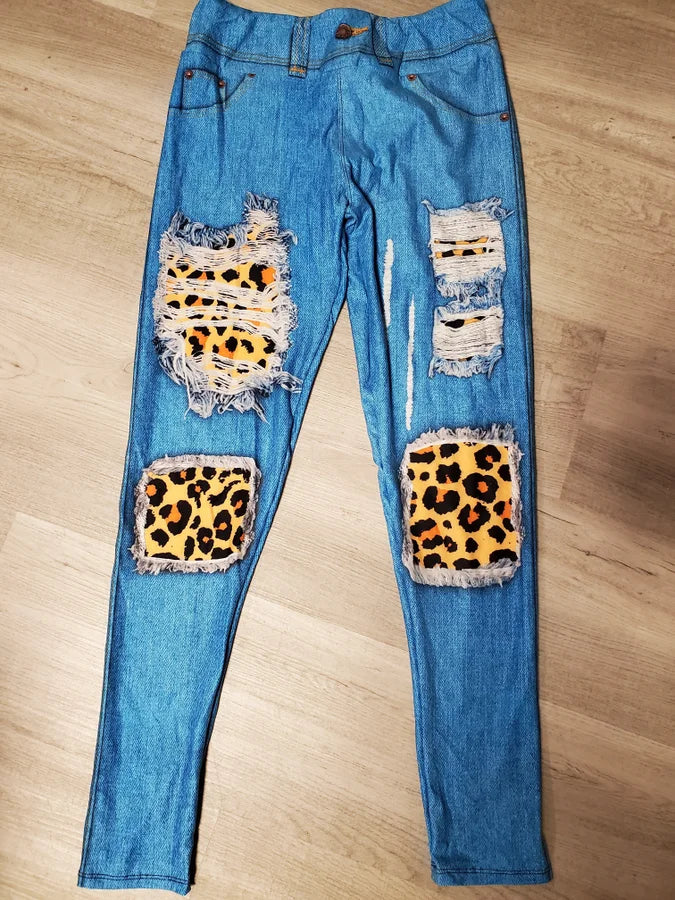 Peek A Boo Leopard Print JEGGINGS, Very Bright Blue, Extra Comfy, Yoga Band