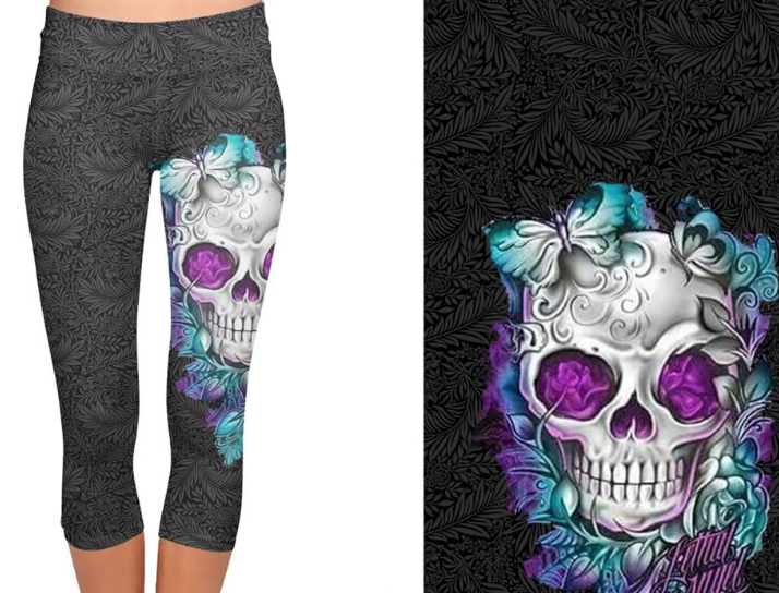 Black Gothic Skull & Butterfly CAPRI. Yoga Band, Very Soft and Stretchy!