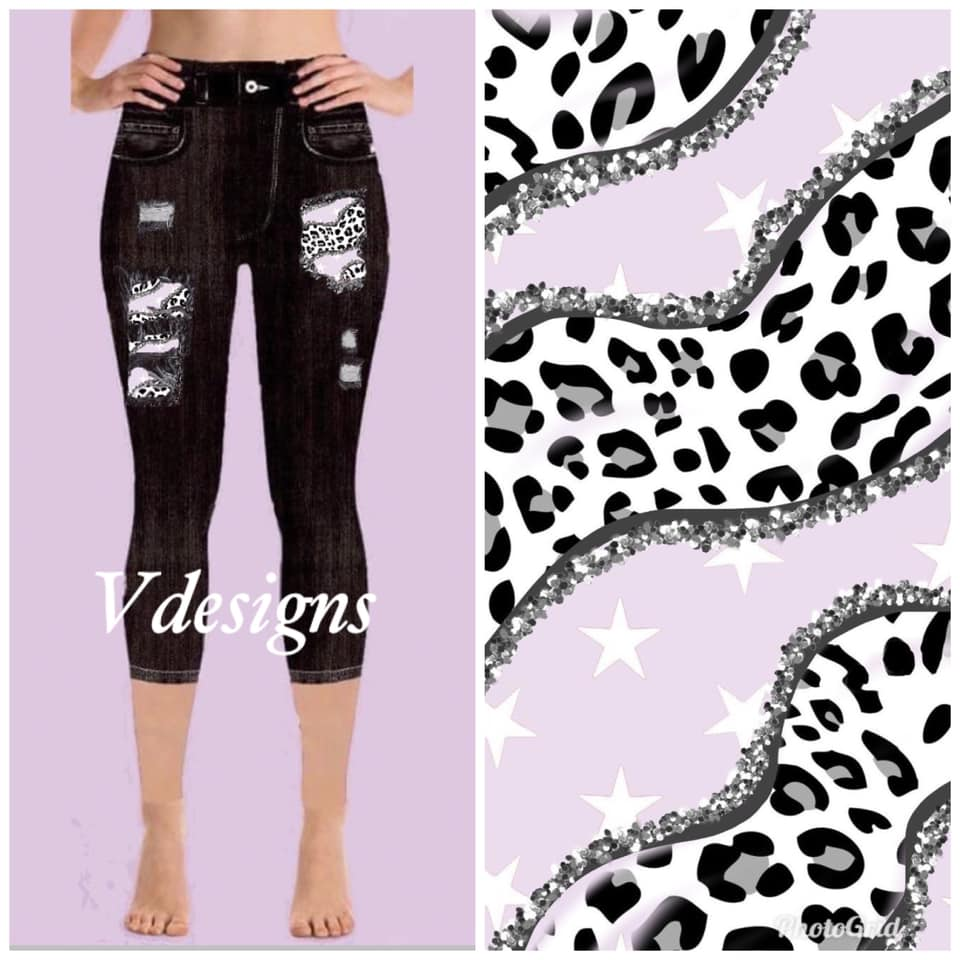 Black Denim Jeggings CAPRI with Stars Leopard Design Print