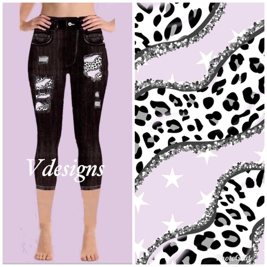 Black Denim Jeggings CAPRI with Stars Leopard Design Print