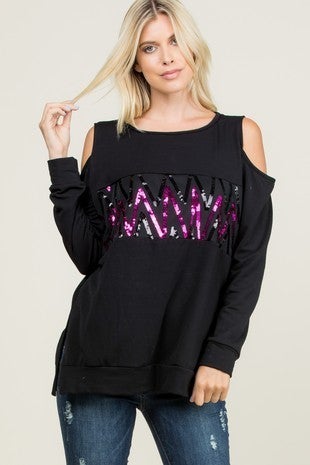 Cold Shoulder  Zig Zag Sequin Long Sleeve Side Slit Top