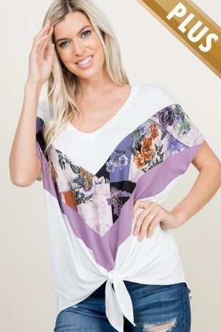 Ivory/Floral/Lavender V Block Knotted Front, Comfy and Stretchy. Made in the USA.